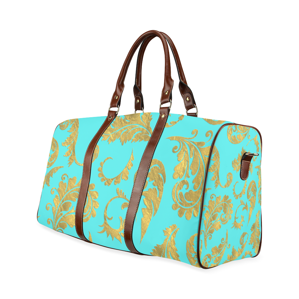Baroque gold foil pattern on turquoise Waterproof Travel Bag/Small (Model 1639)