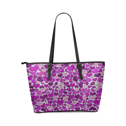 sparkling hearts purple Leather Tote Bag/Small (Model 1640)