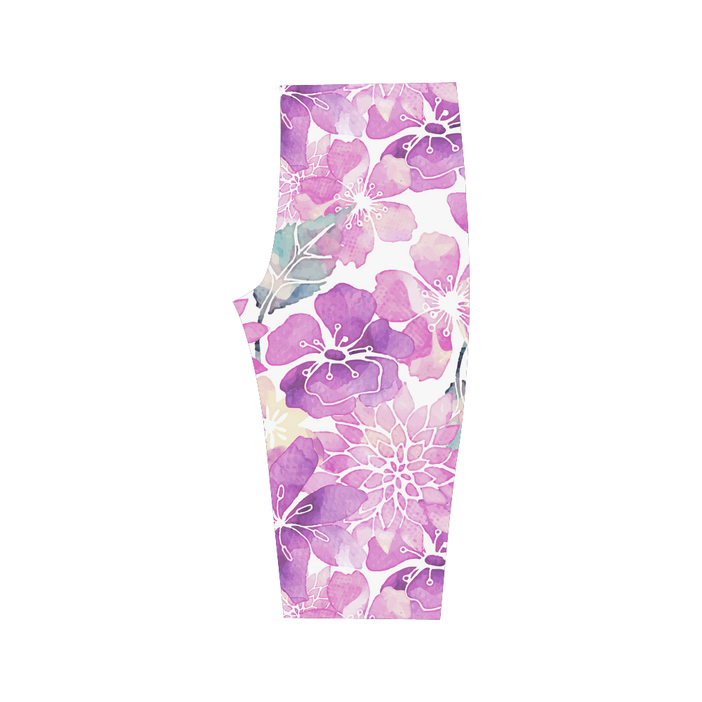 Watercolor Flower Pattern Hestia Cropped Leggings (Model L03)