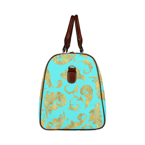 Baroque gold foil pattern on turquoise Waterproof Travel Bag/Small (Model 1639)