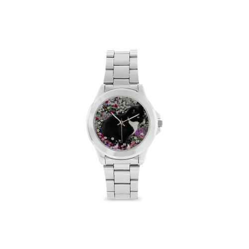 Freckles in Flowers II Black White Tuxedo Cat Unisex Stainless Steel Watch(Model 103)