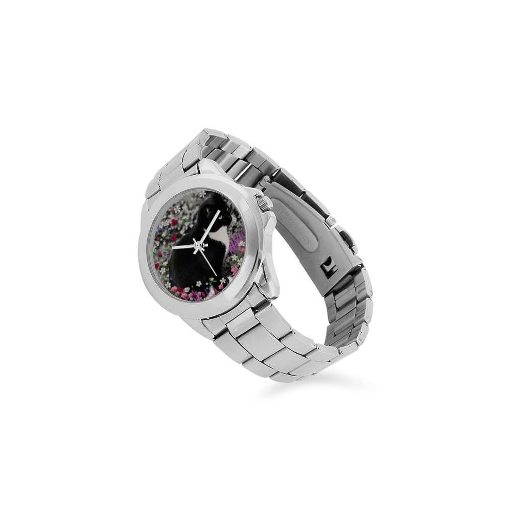 Freckles in Flowers II Black White Tuxedo Cat Unisex Stainless Steel Watch(Model 103)