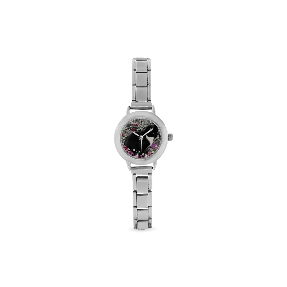 Freckles in Flowers II Black White Tuxedo Cat Women's Italian Charm Watch(Model 107)