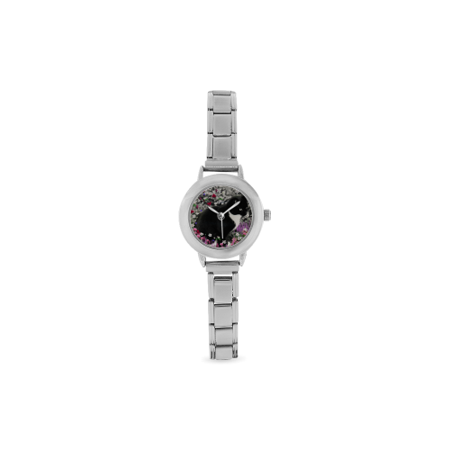 Freckles in Flowers II Black White Tuxedo Cat Women's Italian Charm Watch(Model 107)