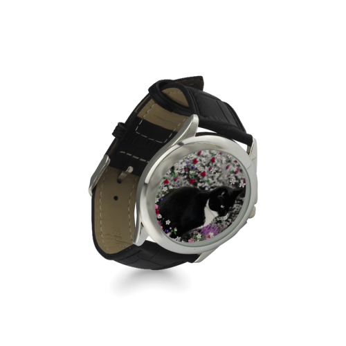 Freckles in Flowers II Black White Tuxedo Cat Women's Classic Leather Strap Watch(Model 203)