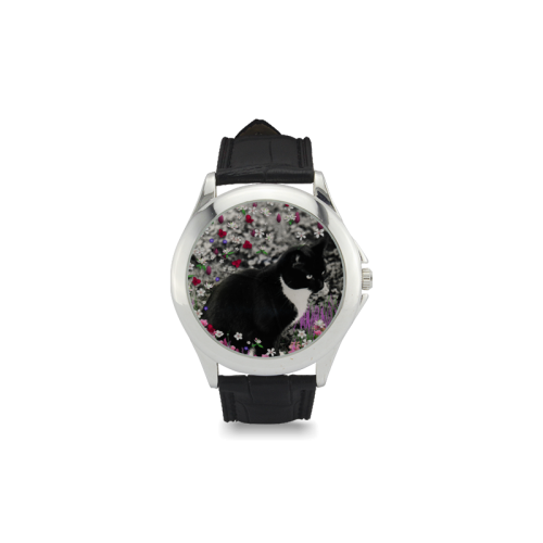 Freckles in Flowers II Black White Tuxedo Cat Women's Classic Leather Strap Watch(Model 203)