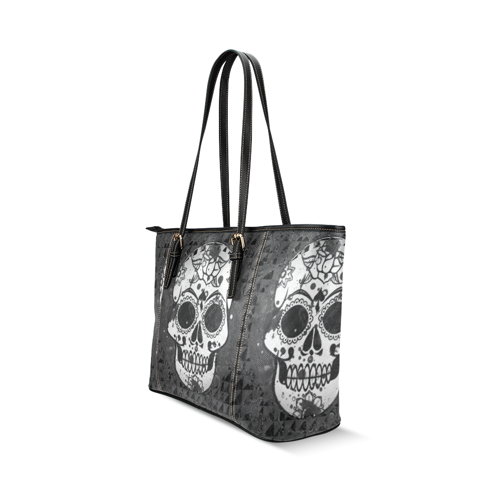 black and white Skull Leather Tote Bag/Large (Model 1640)