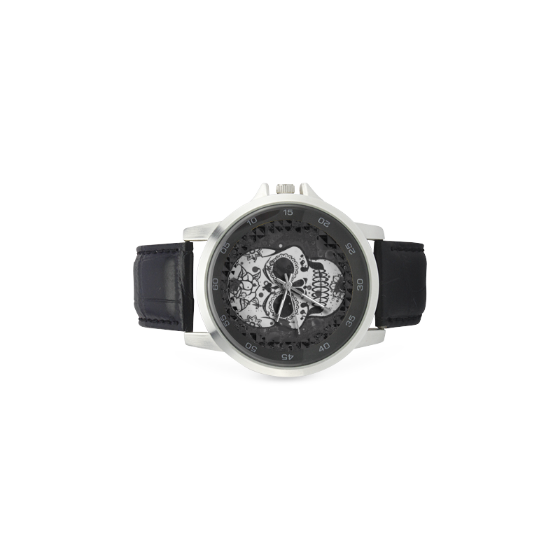 black and white Skull Unisex Stainless Steel Leather Strap Watch(Model 202)