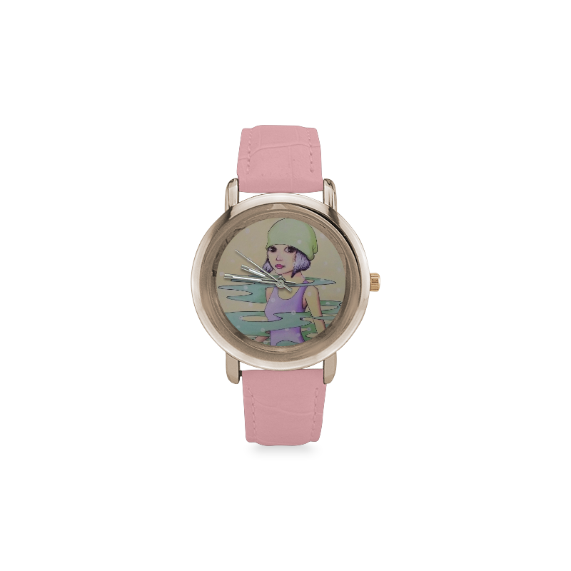 Green Women's Rose Gold Leather Strap Watch(Model 201)