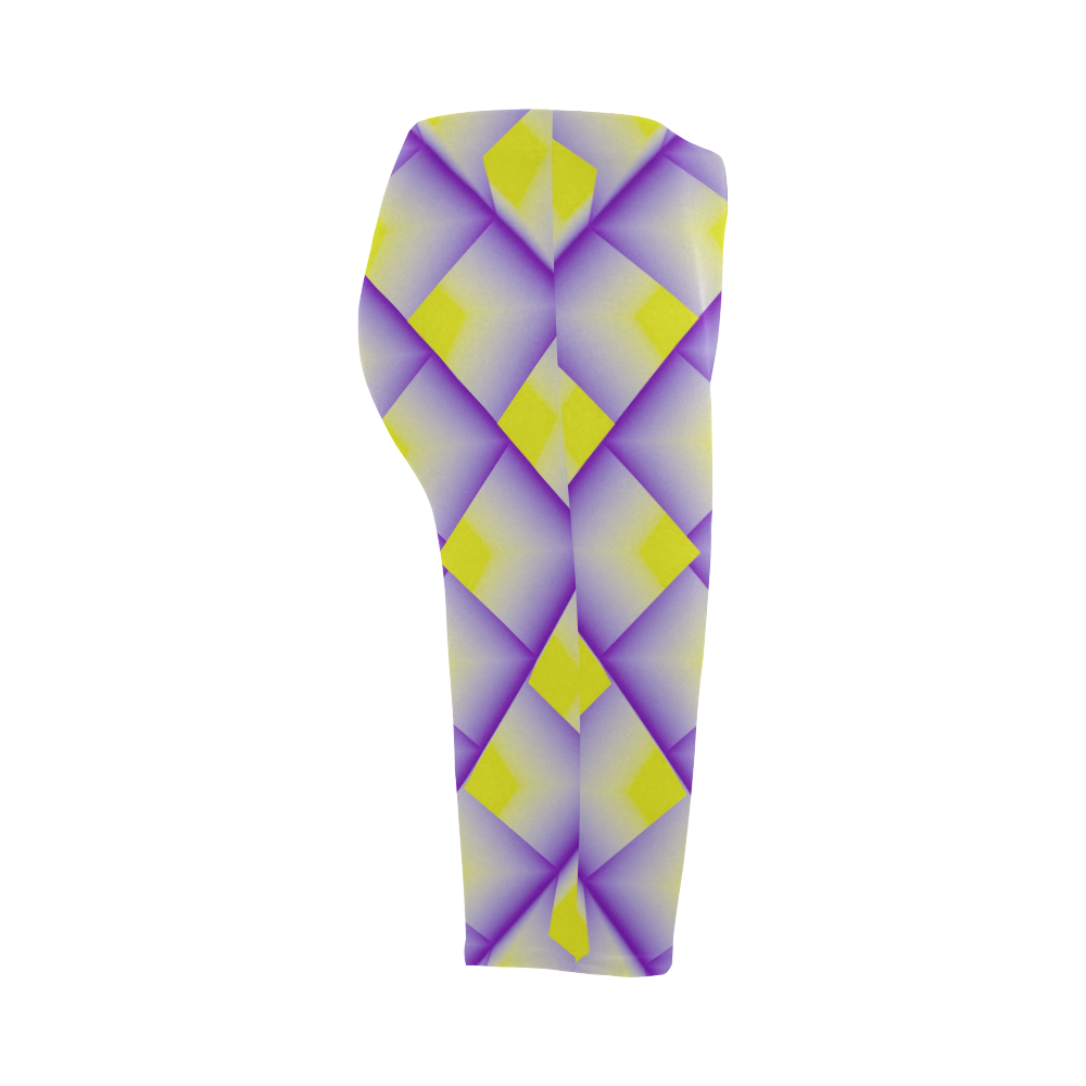 Yellow and Purple 3D Geometric Pyramids Hestia Cropped Leggings (Model L03)