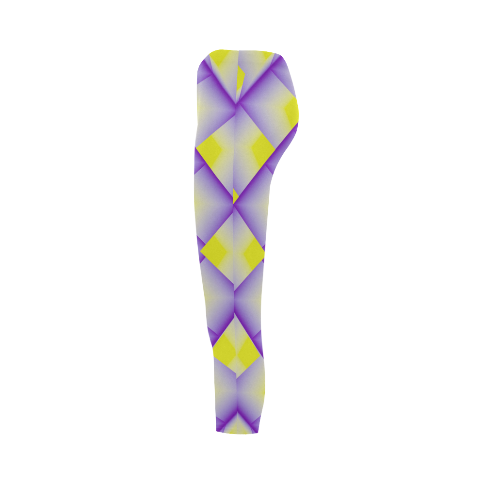 Yellow and Purple 3d Geometric Pyramids Capri Legging (Model L02)