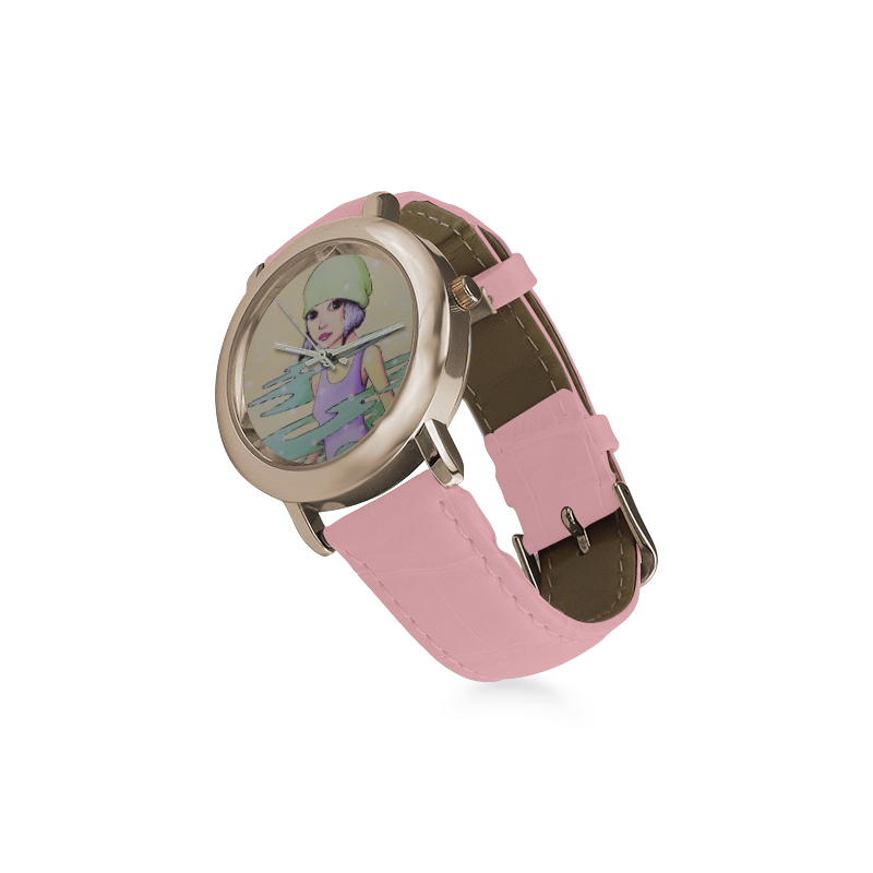 Green Women's Rose Gold Leather Strap Watch(Model 201)