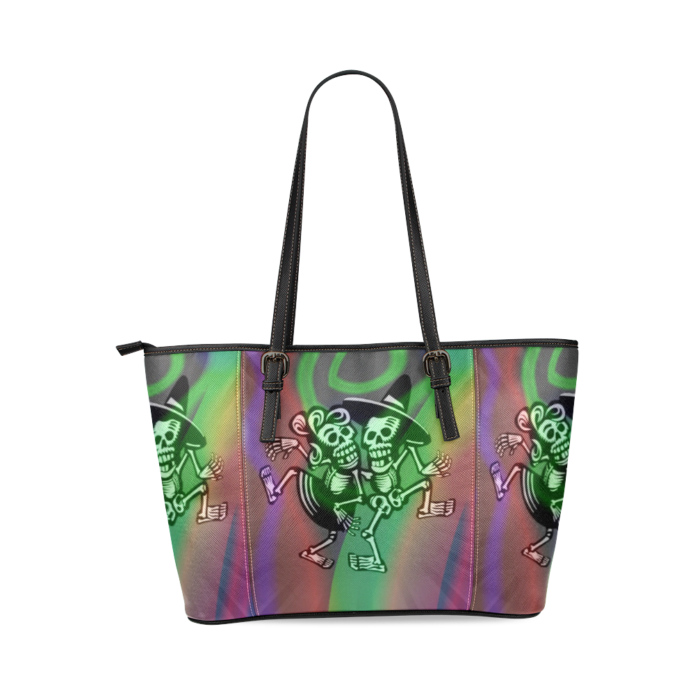 lets dance - Skulls colorful Leather Tote Bag/Large (Model 1640)