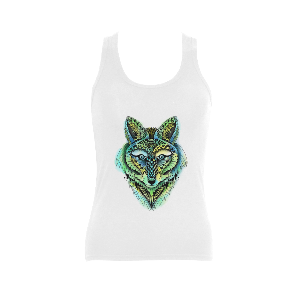 water color ornate foxy wolf head ornate drawing Women's Shoulder-Free Tank Top (Model T35)