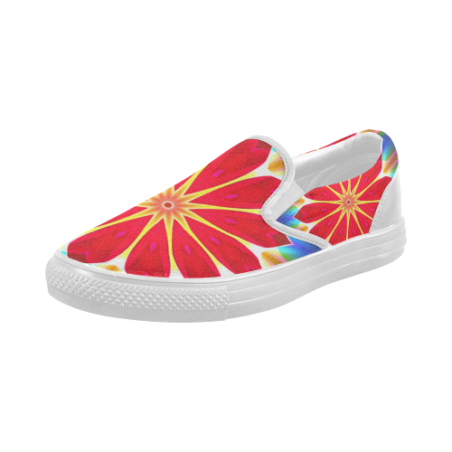 Blue Ice Flowers Red Abstract Modern Petals Zen Women's Slip-on Canvas Shoes (Model 019)