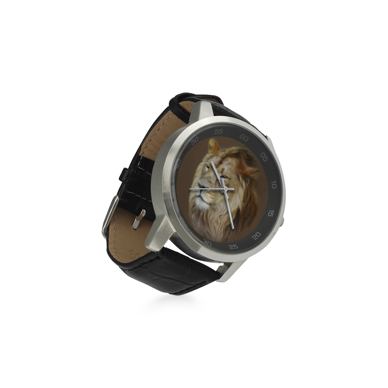A magnificent painting Lion portrait Unisex Stainless Steel Leather Strap Watch(Model 202)
