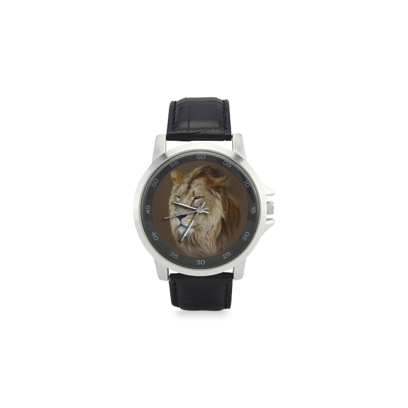 A magnificent painting Lion portrait Unisex Stainless Steel Leather Strap Watch(Model 202)