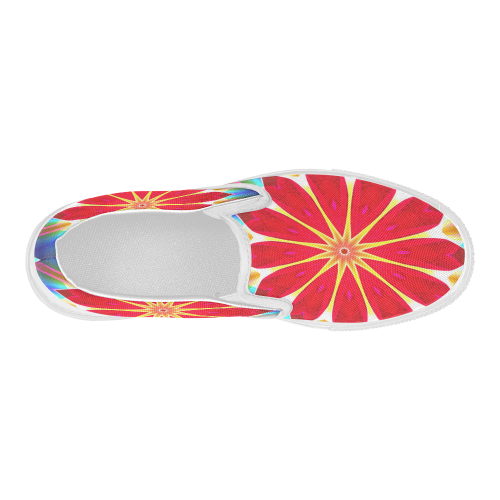 Blue Ice Flowers Red Abstract Modern Petals Zen Women's Slip-on Canvas Shoes (Model 019)