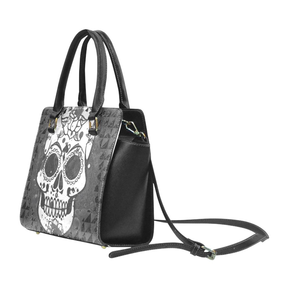 black and white Skull Rivet Shoulder Handbag (Model 1645)