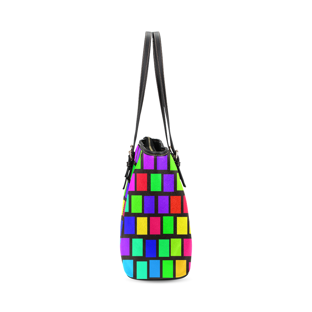 colorful checkered Leather Tote Bag/Large (Model 1640)