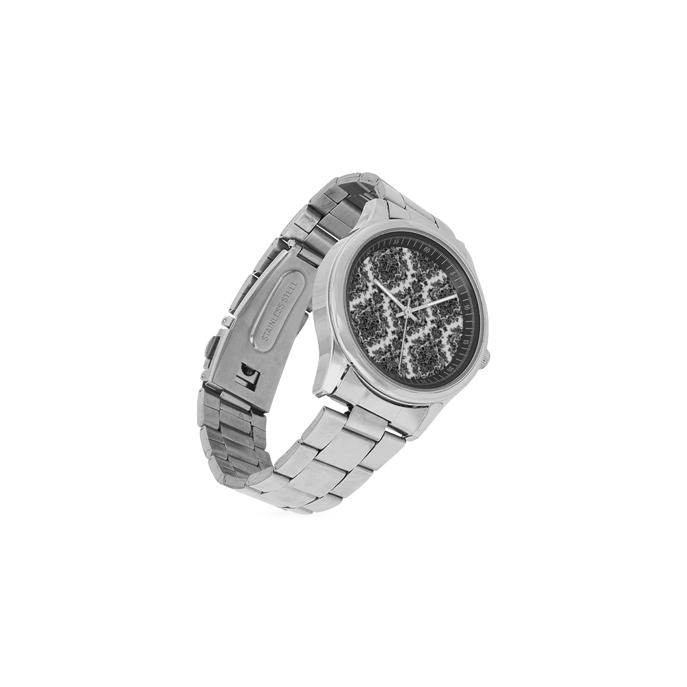 Black and White Damask Men's Stainless Steel Watch(Model 104)