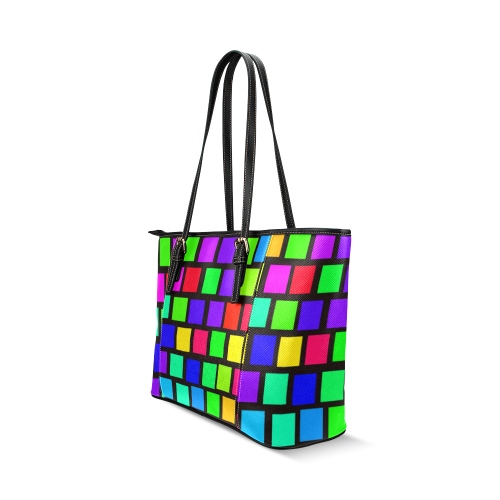 colorful checkered Leather Tote Bag/Large (Model 1640)