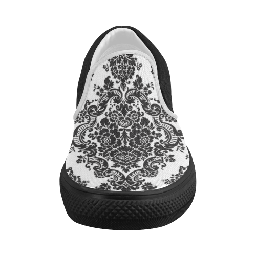 Black and White Damask Women's Slip-on Canvas Shoes (Model 019)