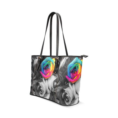 blach,white splash roses Leather Tote Bag/Large (Model 1640)