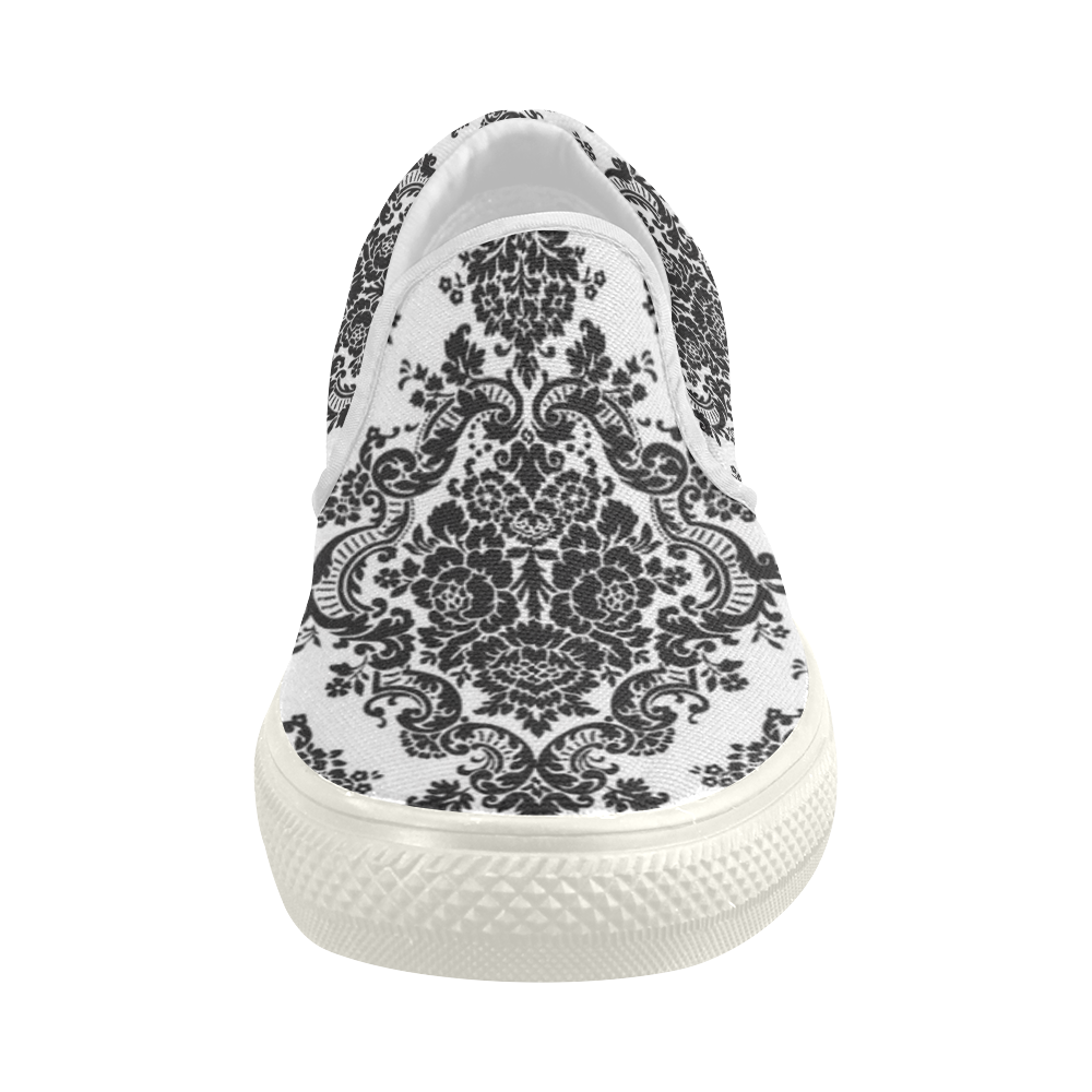 Black and White Damask Women's Slip-on Canvas Shoes (Model 019)