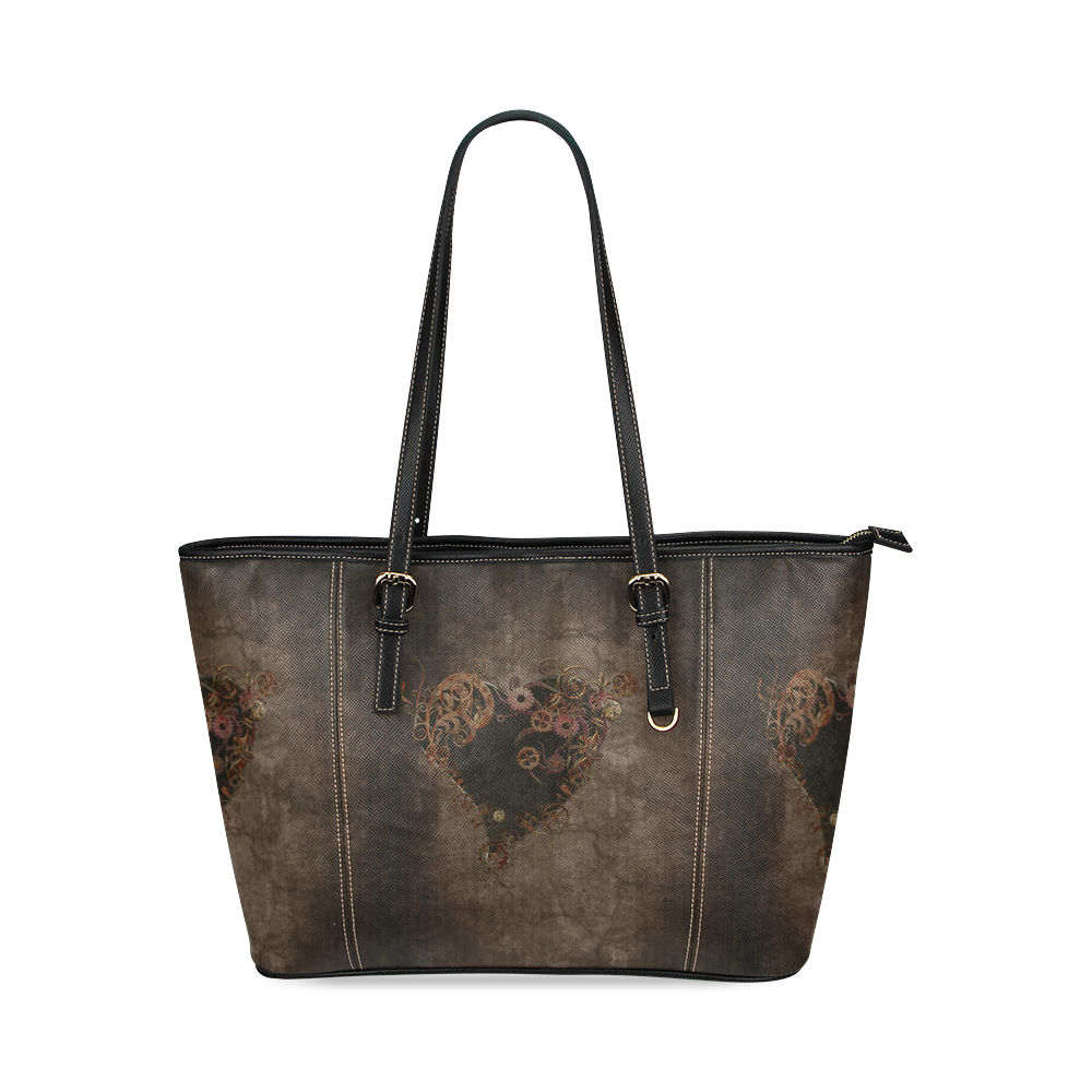 A decorated Steampunk Heart in brown Leather Tote Bag/Large (Model 1640)