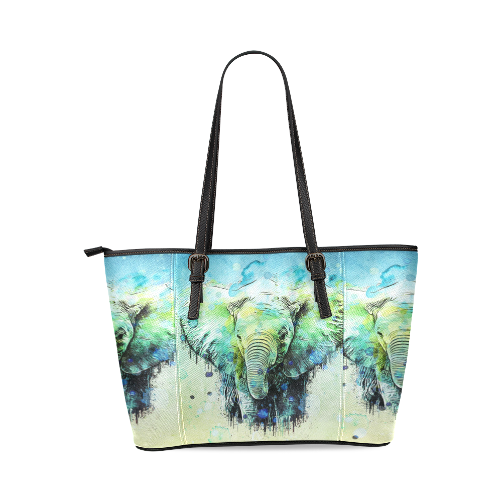 watercolor elephant Leather Tote Bag/Small (Model 1640)