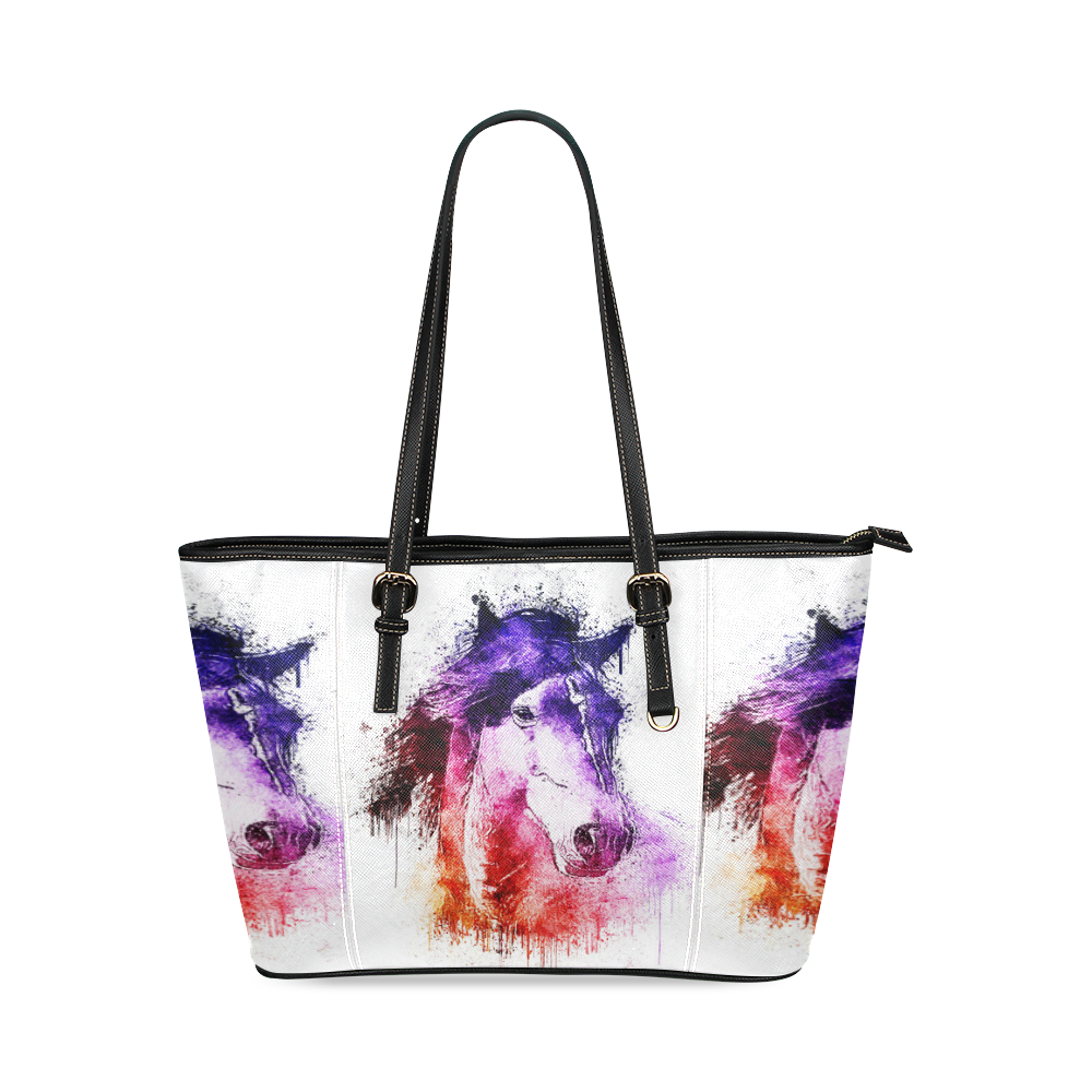 watercolor horse Leather Tote Bag/Small (Model 1640)
