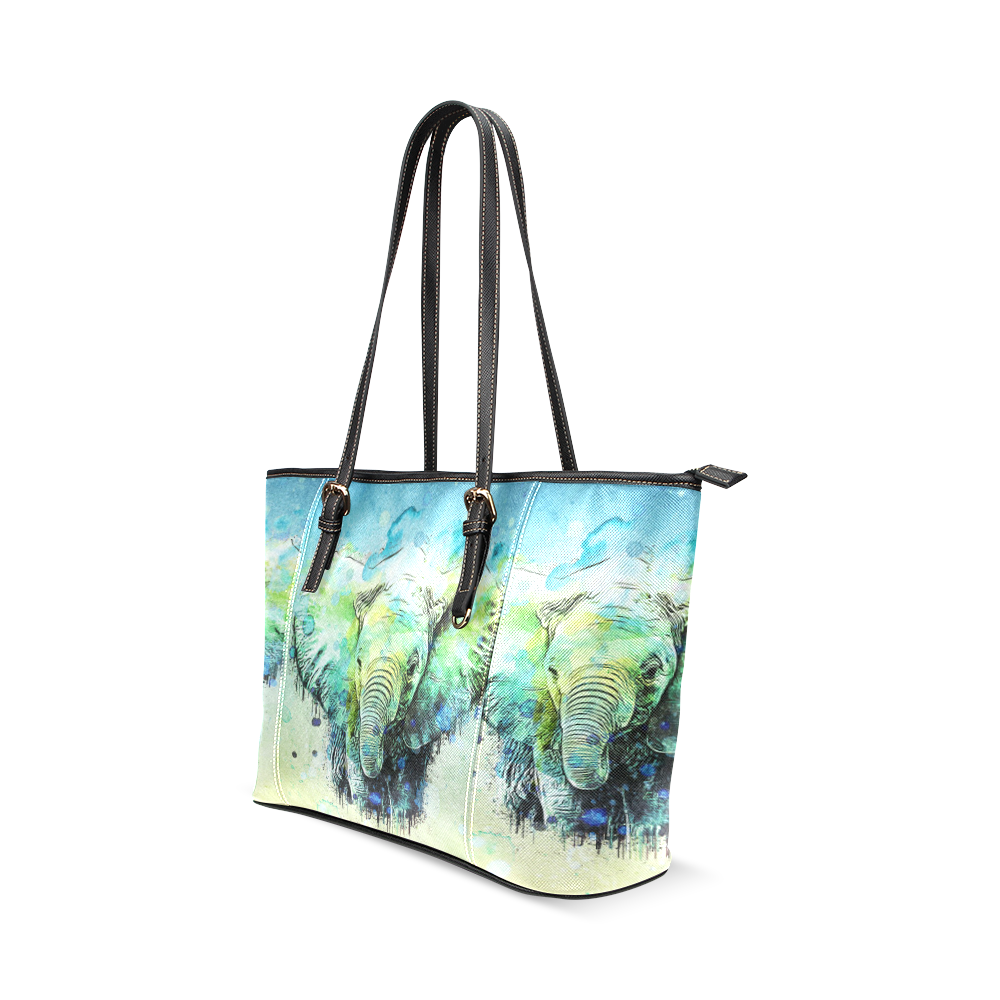 watercolor elephant Leather Tote Bag/Small (Model 1640)