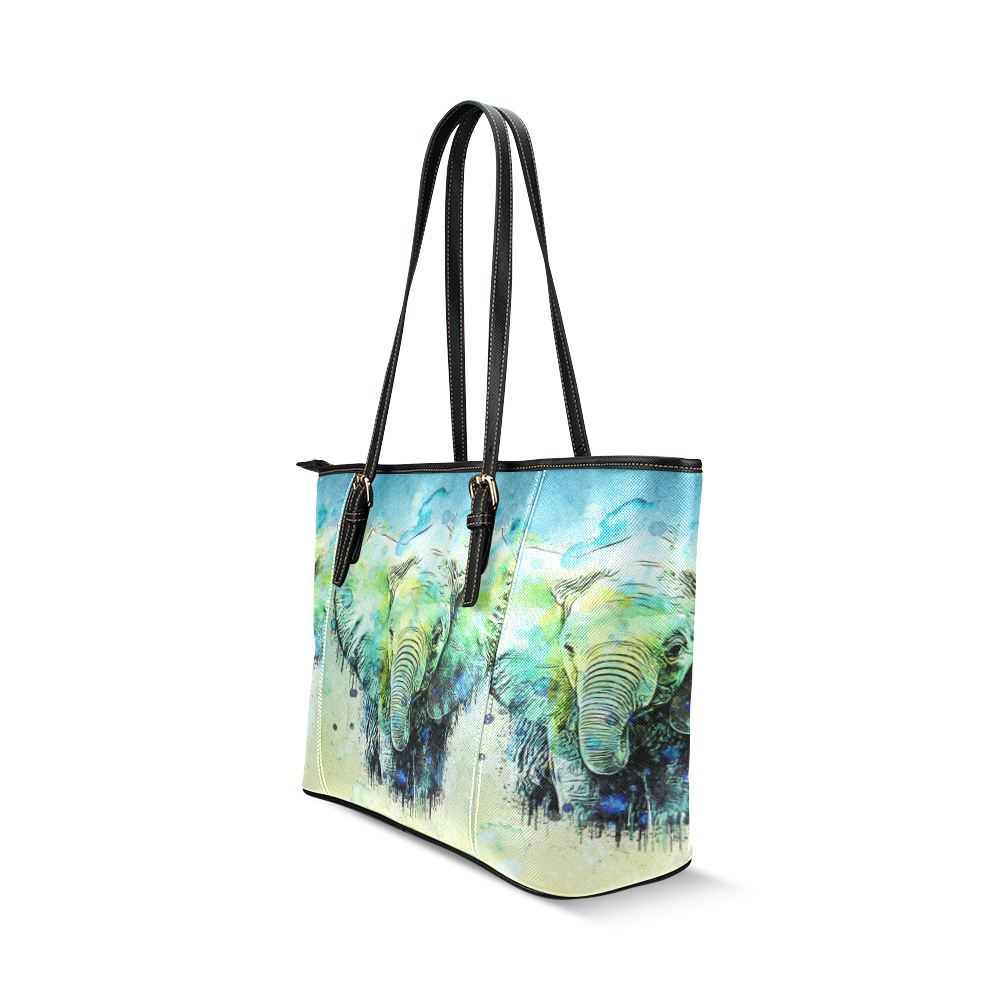 watercolor elephant Leather Tote Bag/Small (Model 1640)