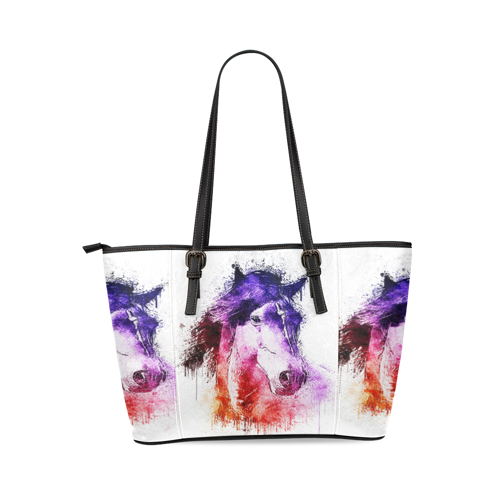 watercolor horse Leather Tote Bag/Small (Model 1640)