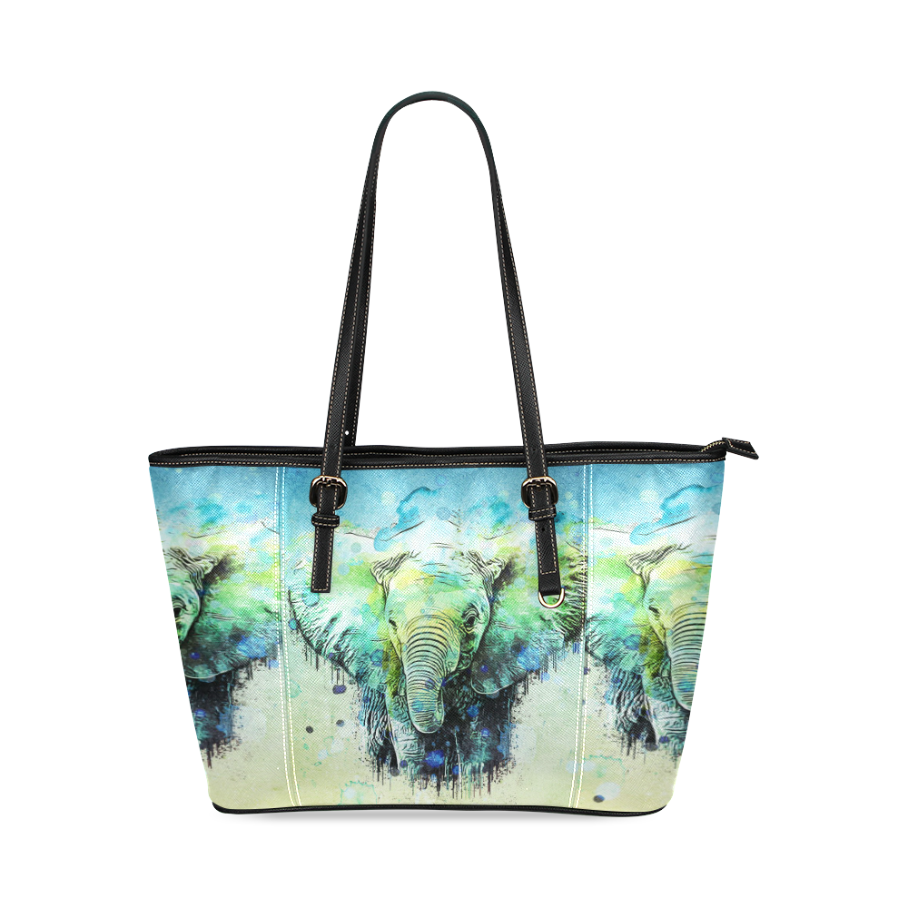 watercolor elephant Leather Tote Bag/Small (Model 1640)