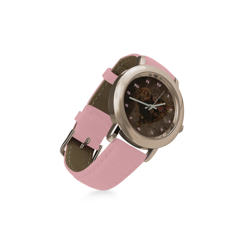 A decorated Steampunk Heart in brown Women's Rose Gold Leather Strap Watch(Model 201)