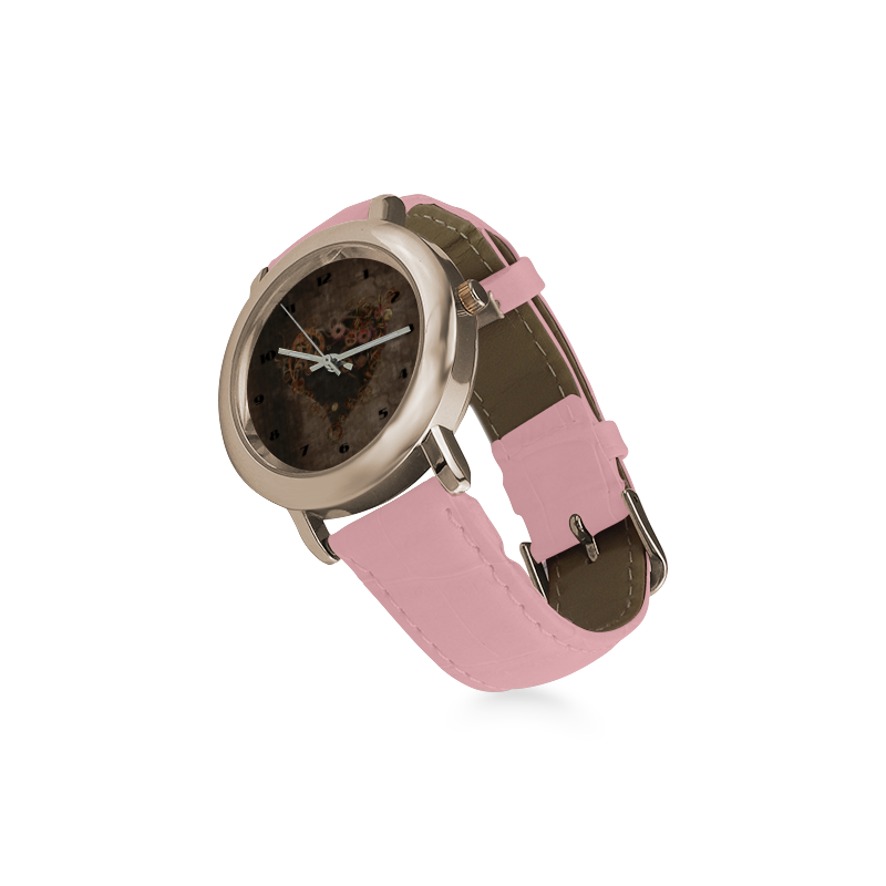 A decorated Steampunk Heart in brown Women's Rose Gold Leather Strap Watch(Model 201)