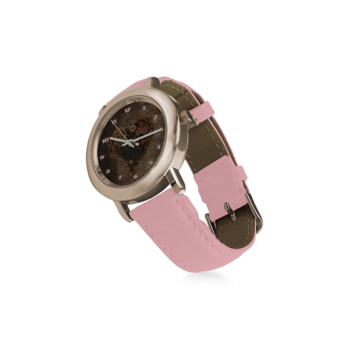 A decorated Steampunk Heart in brown Women's Rose Gold Leather Strap Watch(Model 201)