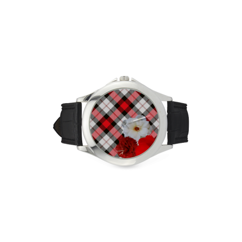 red white plaid flowers Women's Classic Leather Strap Watch(Model 203)