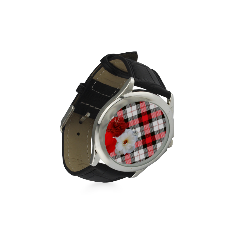 red white plaid flowers Women's Classic Leather Strap Watch(Model 203)