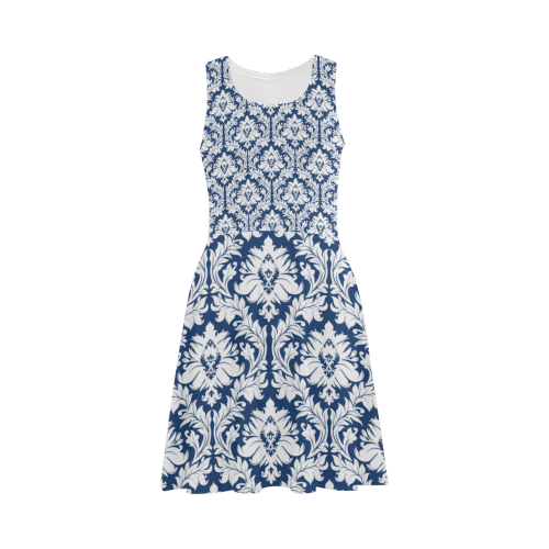 damask pattern navy blue and white Atalanta Sundress (Model D04)