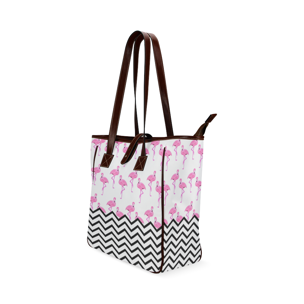 Pink Flamingo Black White Chevron Stripes Pattern Classic Tote Bag (Model 1644)