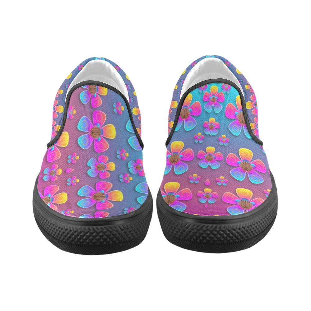 Freedom Peace Flowers Raining In Rainbows Women's Unusual Slip-on Canvas Shoes (Model 019)