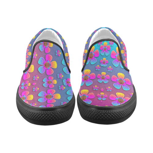 Freedom Peace Flowers Raining In Rainbows Women's Unusual Slip-on Canvas Shoes (Model 019)