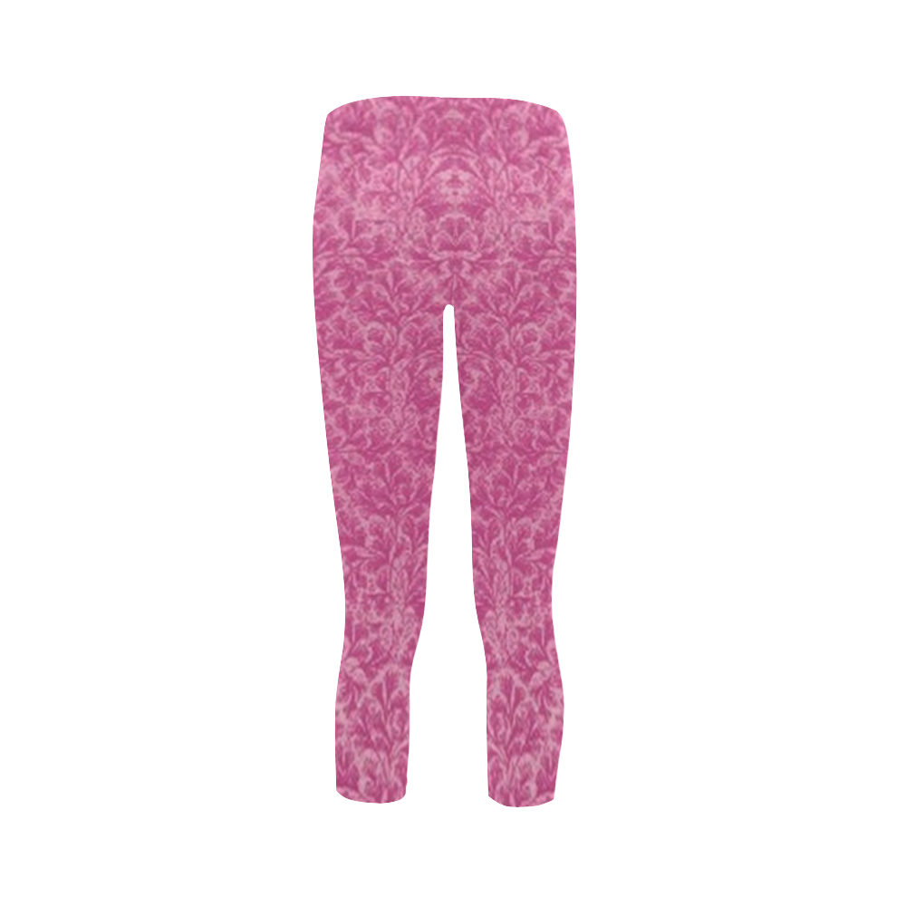 Vintage Floral Lace Leaf Fuchsia Pink Capri Legging (Model L02)