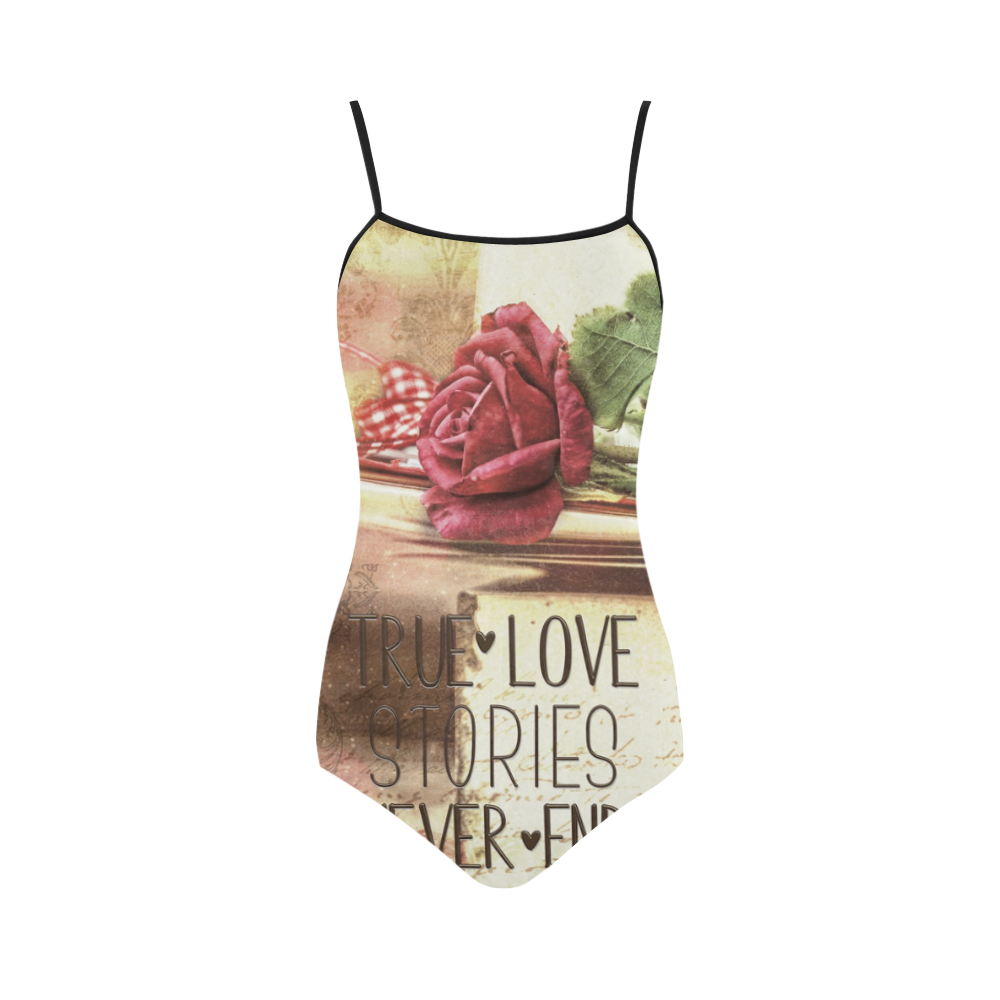 True love stories never end with vintage red rose Strap Swimsuit ( Model S05)