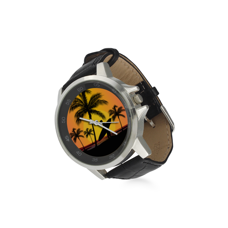 Tropical Surfer At Sunset Unisex Stainless Steel Leather Strap Watch(Model 202)