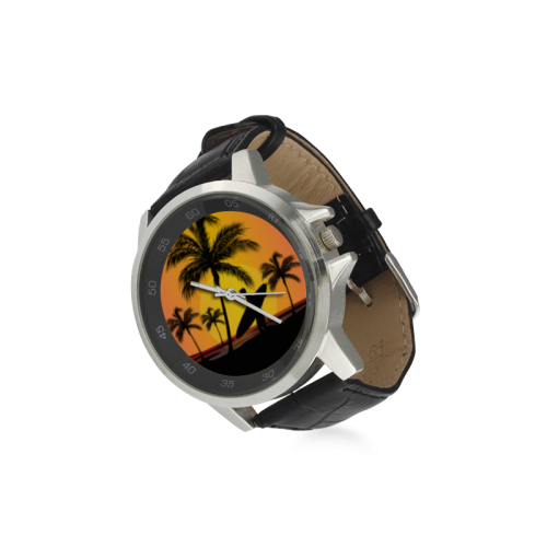 Tropical Surfer At Sunset Unisex Stainless Steel Leather Strap Watch(Model 202)