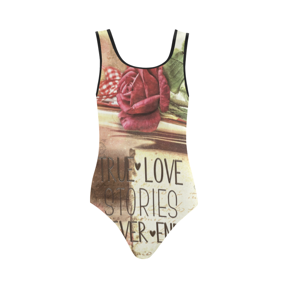 True love stories never end with vintage red rose Vest One Piece Swimsuit (Model S04)